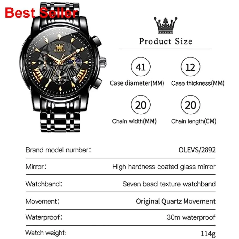 Men's Waterproof Luminous Chronograph Watch with Calendar Stainless Steel